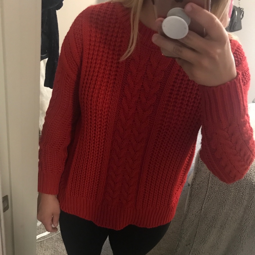 Red cable knit sweater